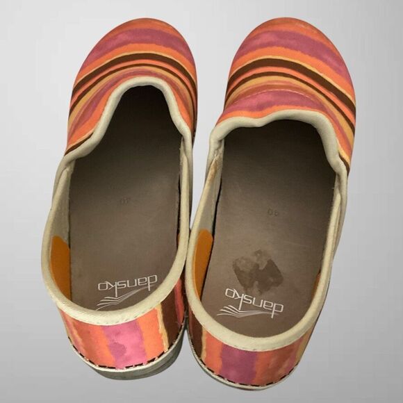 Dansko Clogs Womens 10 Canvas Pink Orange Brown Tan Striped Sunset Slip On EU-40 - Picture 6 of 12